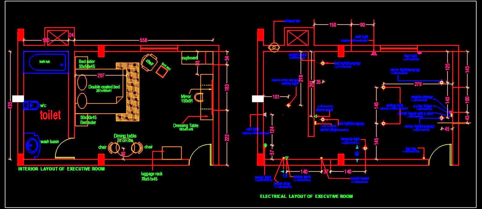 Hotel Room Layout DWG Detailed Bedroom and Toilet Plan Free